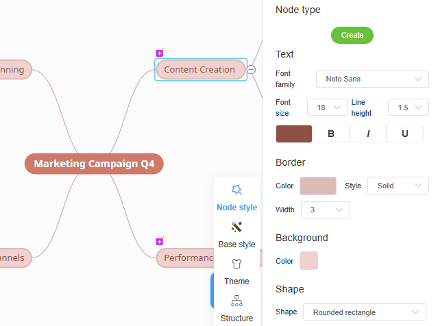 A screenshot showing how to customize nodes in a generated mind map using Visual Paradigm Online's AI mind map generator.