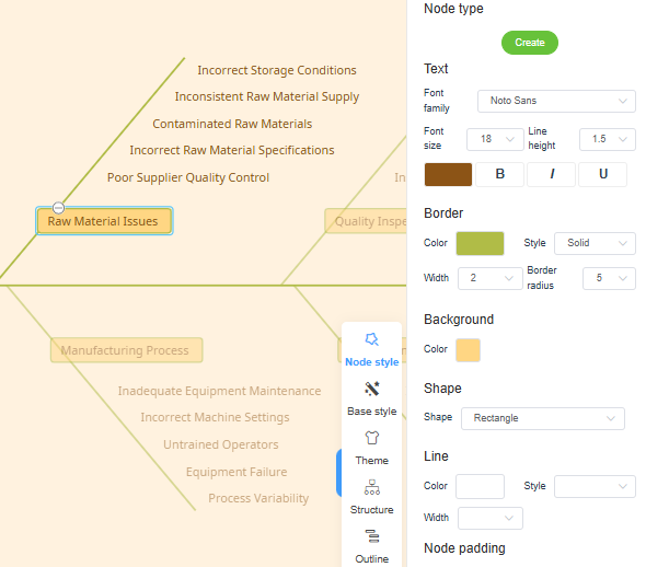 This screenshot shows how to customize the nodes in the generated AI fishbone diagram.