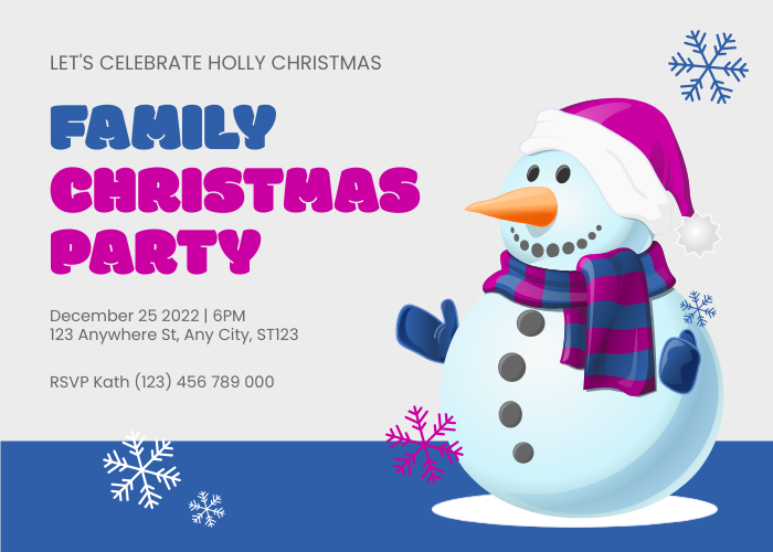 Plantilla de invitación: Invitación a la fiesta de Navidad de la familia Muñeco de nieve (creada por el creador de invitaciones de Visual Paradigm Online)