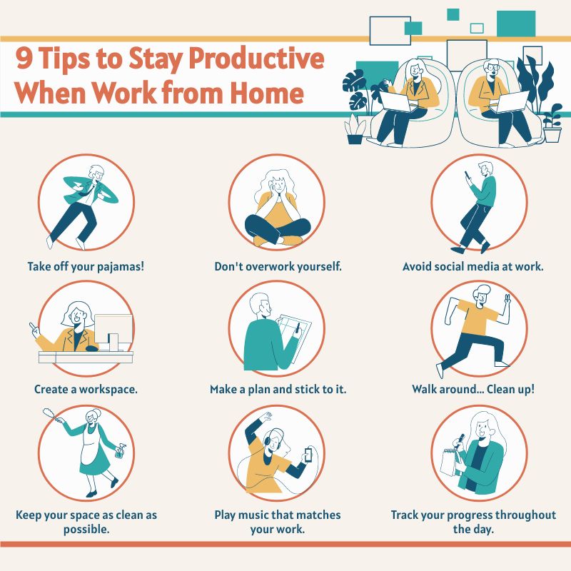 Infographic template: 9 Tips to Stay Productive When Work from Home Infographic (Created by Visual Paradigm Online's Infographic maker)