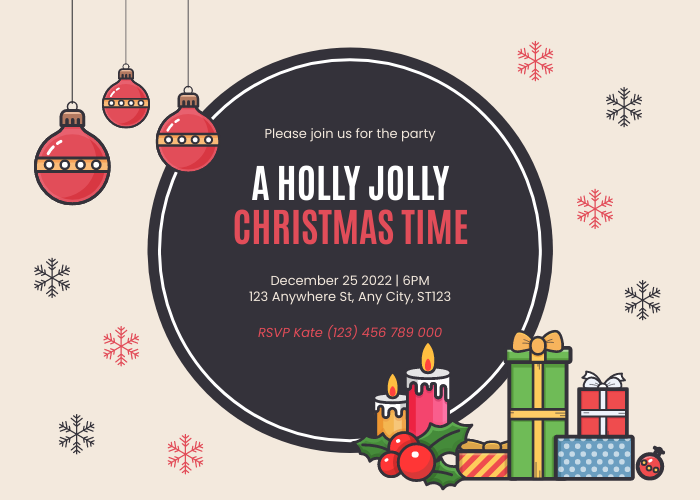 Plantilla de invitación: Una invitación de Holly Jolly Christmas Time (creada por el creador de invitaciones de Visual Paradigm Online)