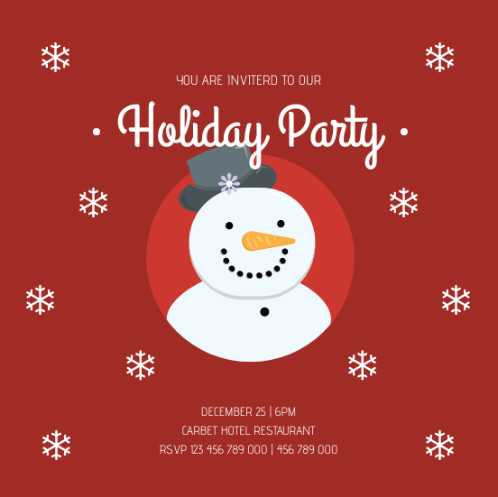 Mẫu lời mời: Lời mời dự tiệc kỳ nghỉ lễ Giáng sinh người tuyết đỏ (Được tạo bởi nhà sản xuất Lời mời của Visual Paradigm Online)
