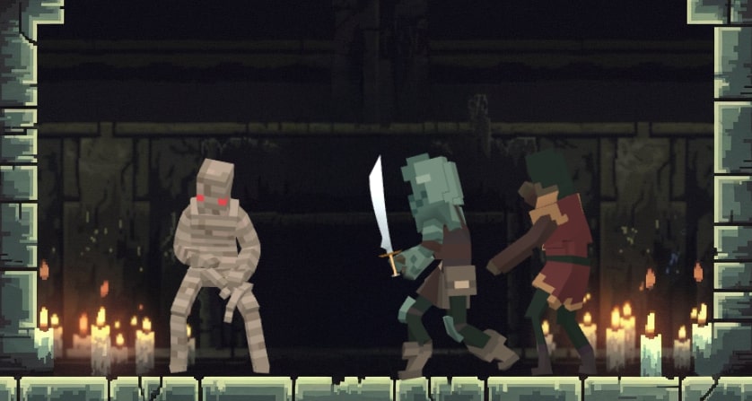 A screenshot of 3d character template with fantasy epic theme- mummy and adventurers having fights