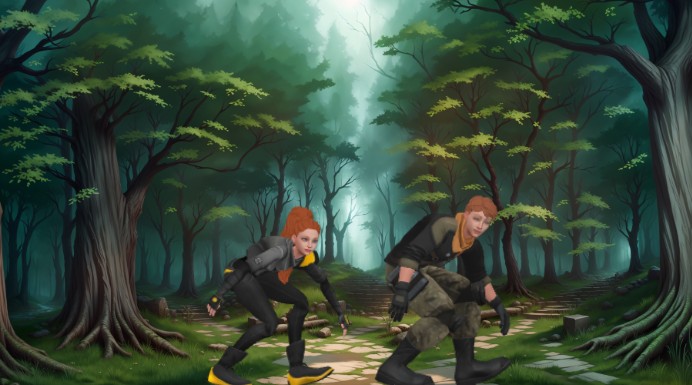 A captured story scene of a adventure story of two adventurer exploring the forest from an animation template