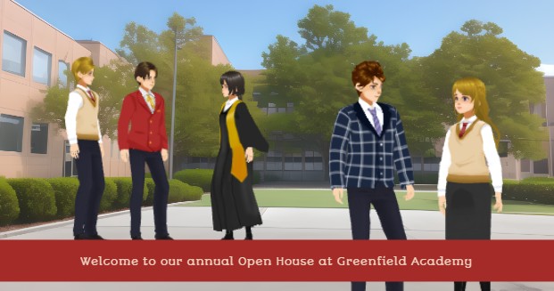 A screenshot from an animation template of an annual open house of a academy