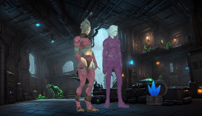 A screenshot of 3d character template showing sci-fi adventure scene- two aliens going for an adventure