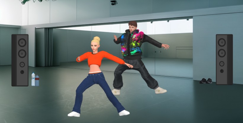 A screenshot from a 3d character templates presenting two dancers practicing in a dance room with dance various movements