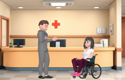 A screenshot from a 3d character templates presenting a doctor talking to a patient sitting on wheel chair