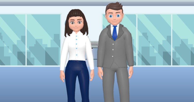 A screenshot of a animation template showing a scene of a businessman and businesswoman introducing a company