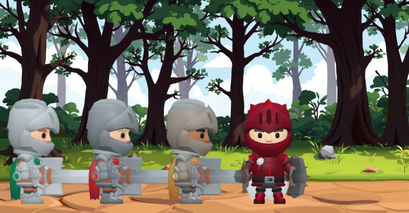 A screenshot of 3d character template with use of adventurer characters-four soilders having a march in the forest