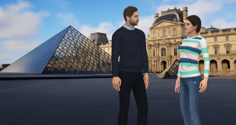 A realistic style of 3d character template with use of realistic characters-a couple visiting Paris for traveling