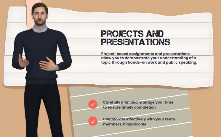 A screenshot from an animation template demonstrating student projects and presentation tips at school