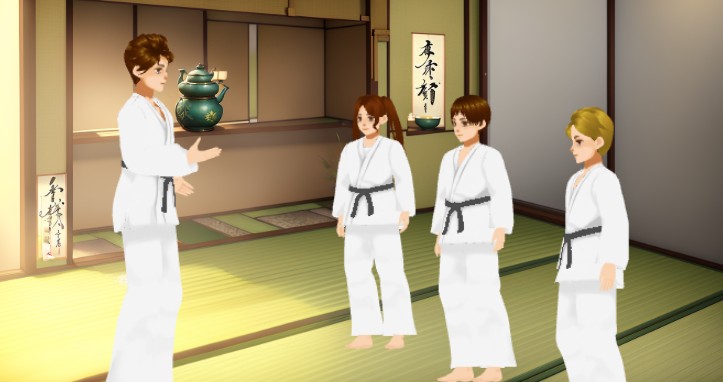 A screenshot of 3d character template with use of manga characters-group of kids having taekwondo class