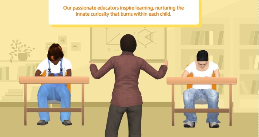 A screenshot from a 3d character template showing a teacher speaking in class with students sitting down in a classroom