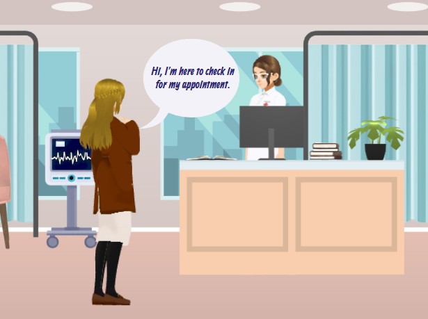 animation template showing conversation scene of a patient booking a appointment in the clinic