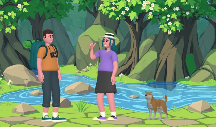 A short animated story scene of clay character explore going hiking with a pet