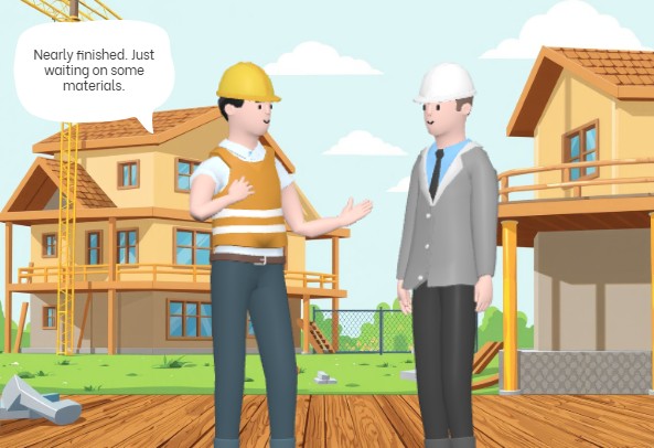 A conversation animation template of a construction worker and consultant, sharing the construction process of buildings