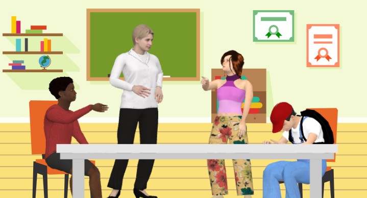 A animation template of a group of students and teaching having discussions in class