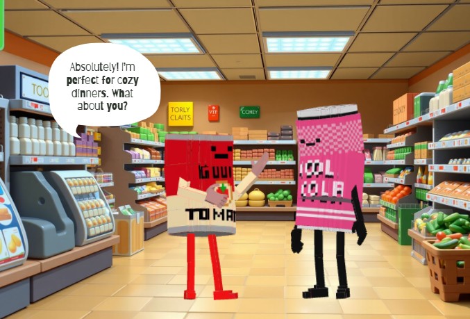 animation template presents conversation scene of two cartoon characters-tomato soup and cola discussing dinner at supermarket