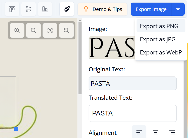 screenshot of Visual Paradigm Online’s AI image translator turning an Italian recipe scan into a stunning English JPG with font options and export features