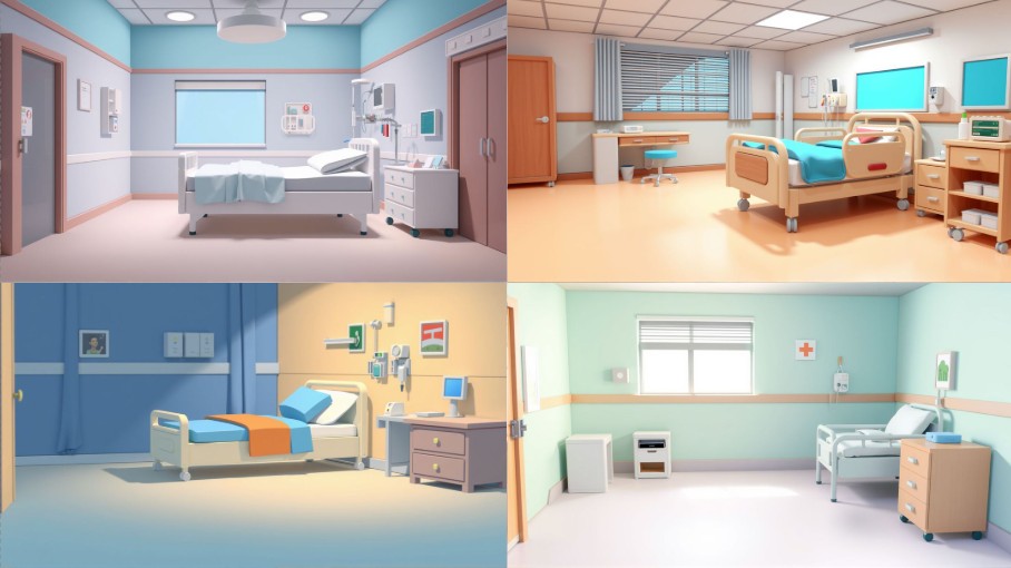 Scene background a 3d cute style of sick room