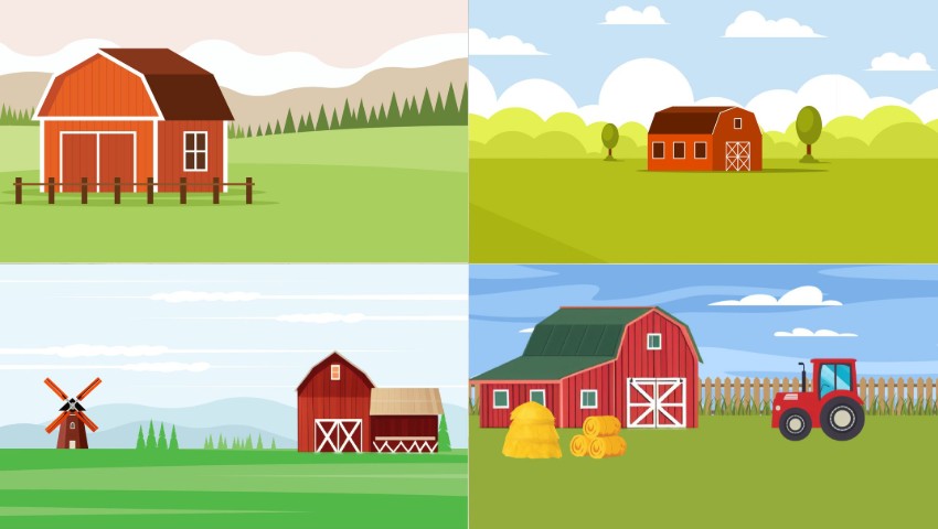 Cartoon scene background of farmland and house