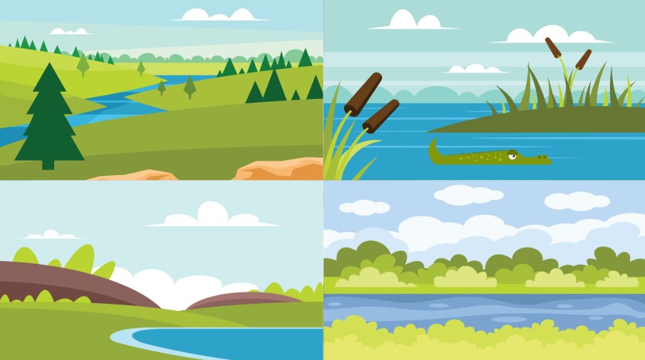 Scene background of cartoon nature scene with river