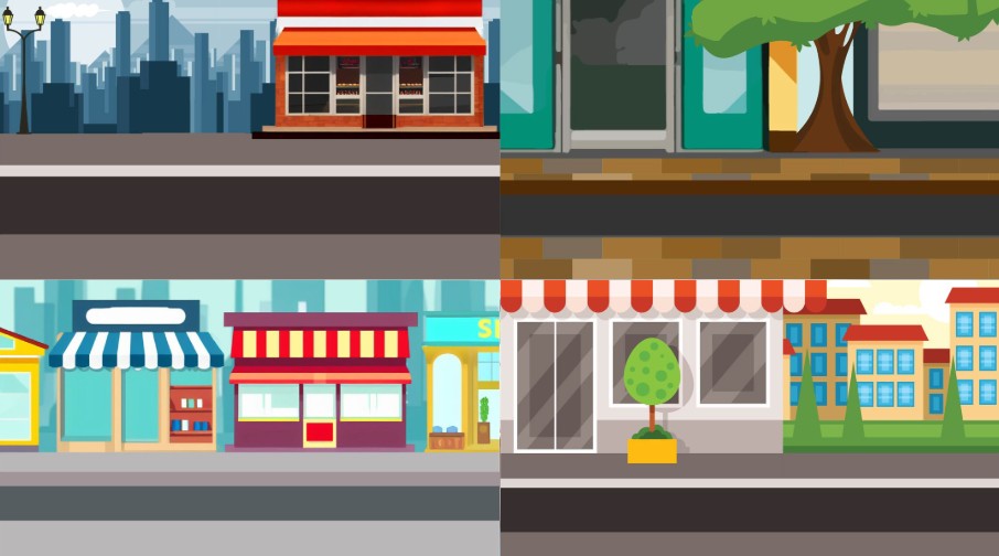 Scene background of cute city road with shops