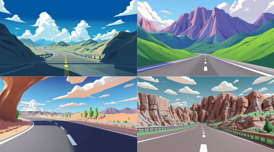 A cute style scene background road side mountain