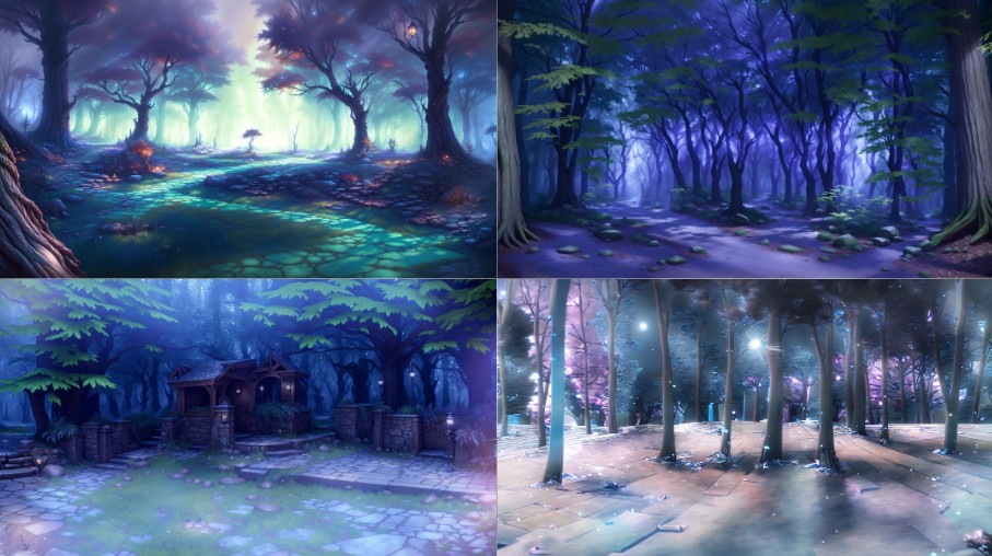 A scene background of a fantasy style of landscape with whimsical elements
