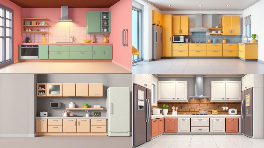 A 3d style scene background of kitchen