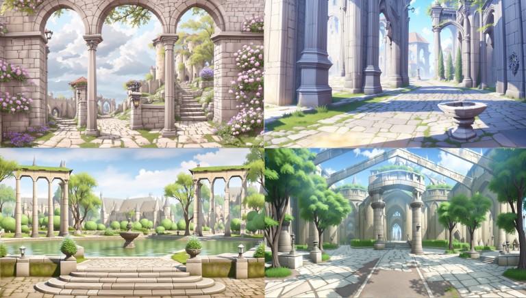 A scene background manga style garden with lush of greenery