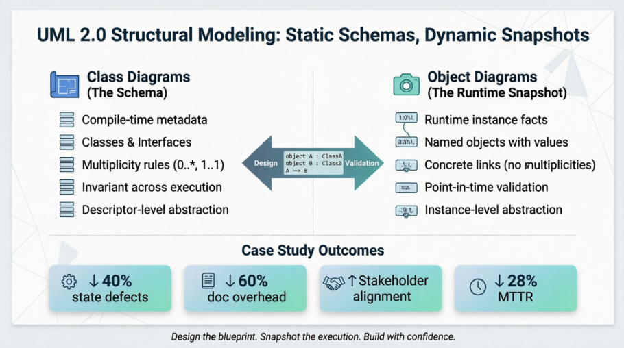 Static Schemas, Dynamic Snapshots: A Practical Case Study in UML 2.0 Structural Modeling