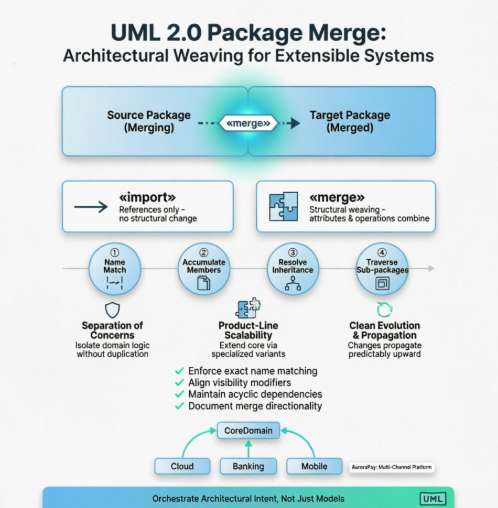 Beyond Imports: A Practical Case Study on UML 2.0 Package Merge for Layered & Extensible Architectures