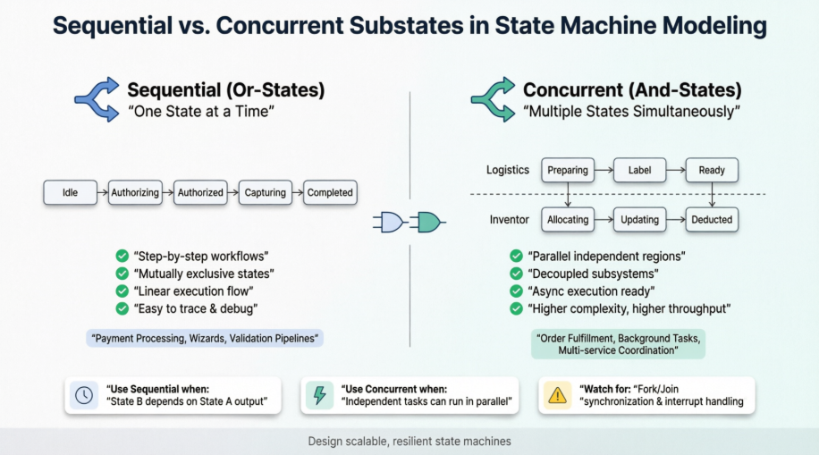 Orchestrating Complexity: Sequential vs. Concurrent Substates in State Machine Modeling Introduction