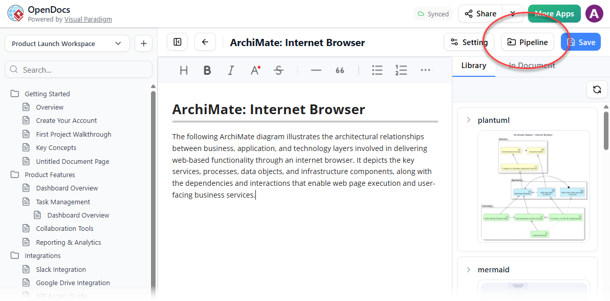 Accessing the Pipeline pane in OpenDocs