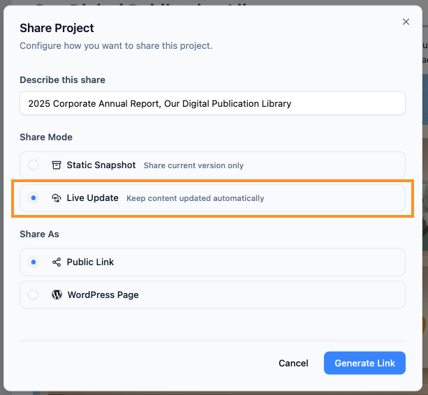 Static vs. Live Sharing: Control Your Content Versioning in OpenDocs - Visual Paradigm Product Updates