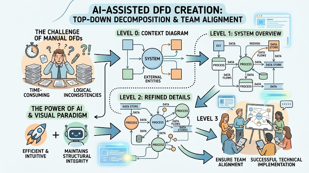 Mastering Data Flow Diagrams: A Comprehensive Guide to AI-Assisted Top-Down Decomposition with Visual Paradigm Mastering Data Flow Diagrams: A Comprehensive Guide to AI-Assisted Top-Down Decomposition with Visual Paradigm