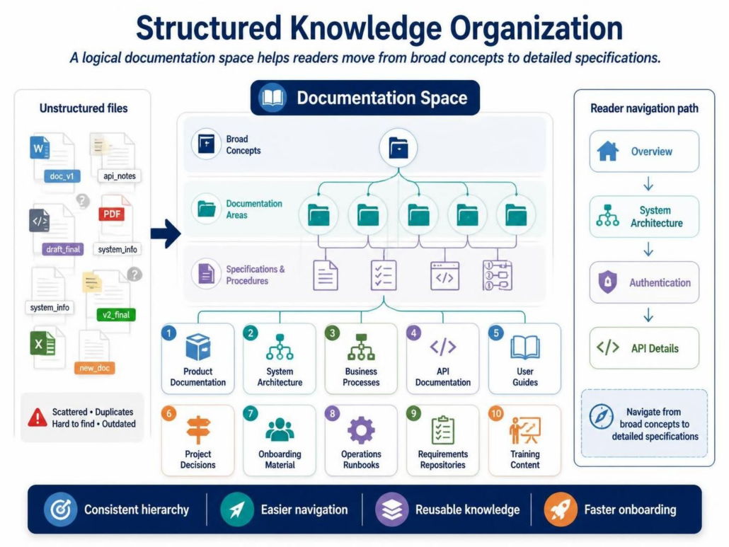 Diagram illustrating structured knowledge organization within a documentation space.